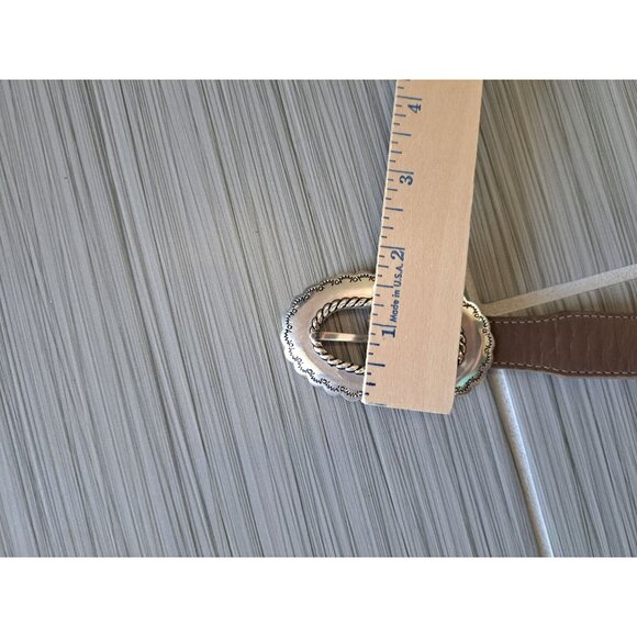Justin Top Grain Cowhide Belt W/Silver Brown Scalloped Buckle Size 32 Women's - Picture 9 of 10